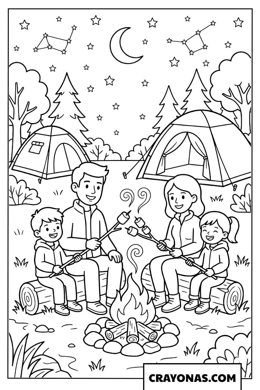 Family Camping by the Fire Coloring Page
