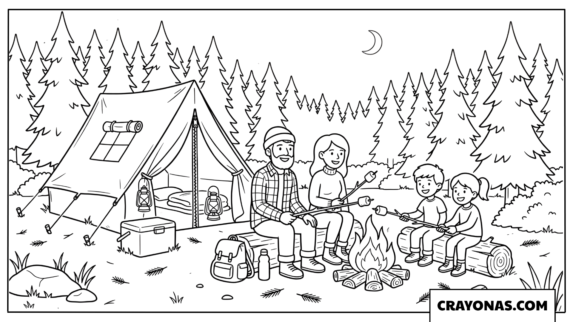 Family Camping by the Fire Coloring Page