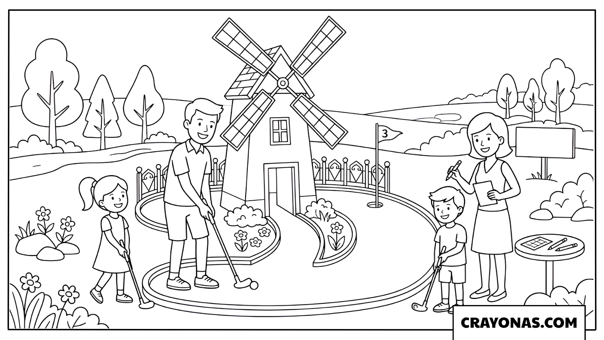 Family Playing Mini Golf Coloring Page