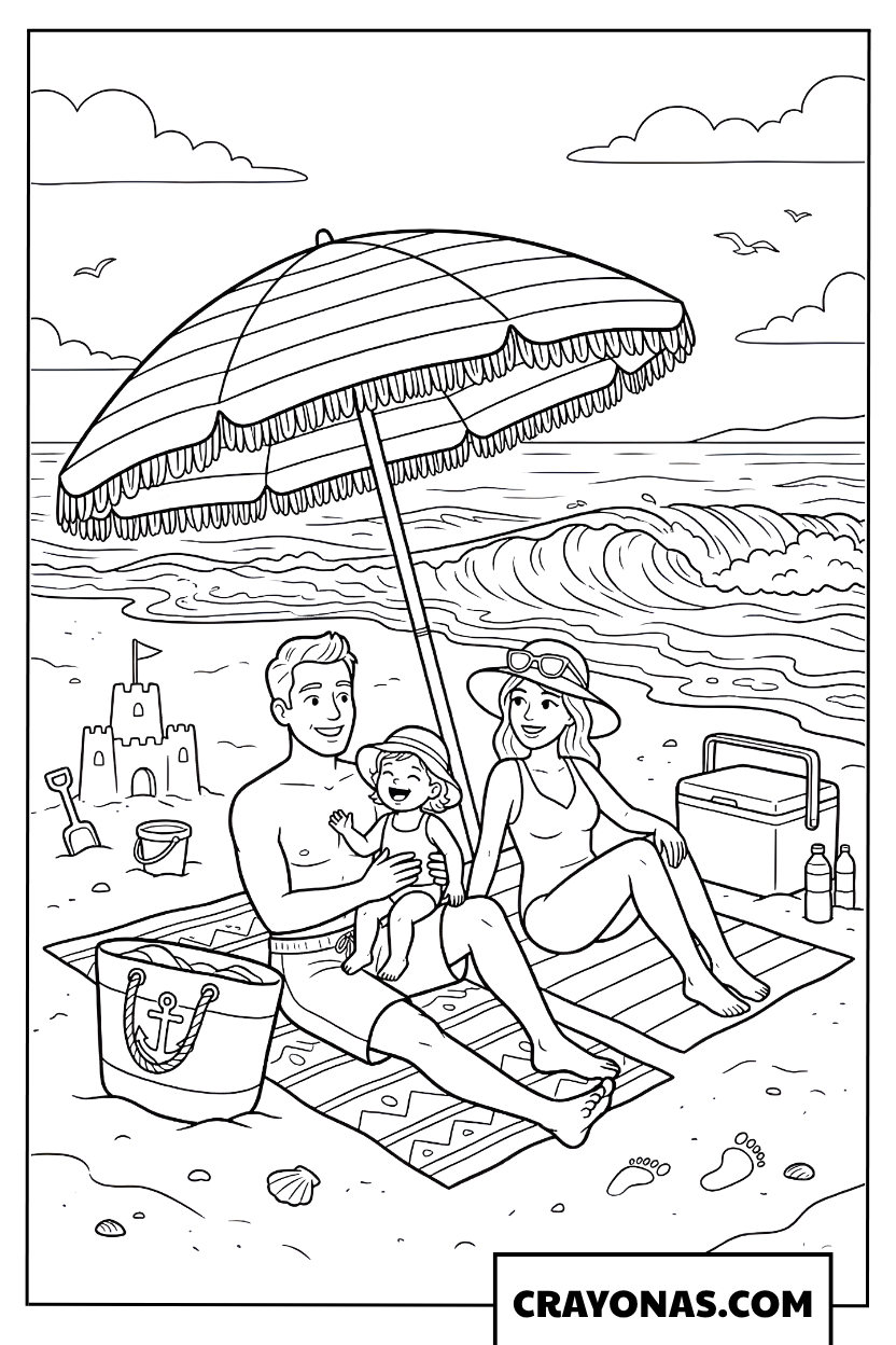 Family Relaxing Under Beach Umbrella Coloring Page
