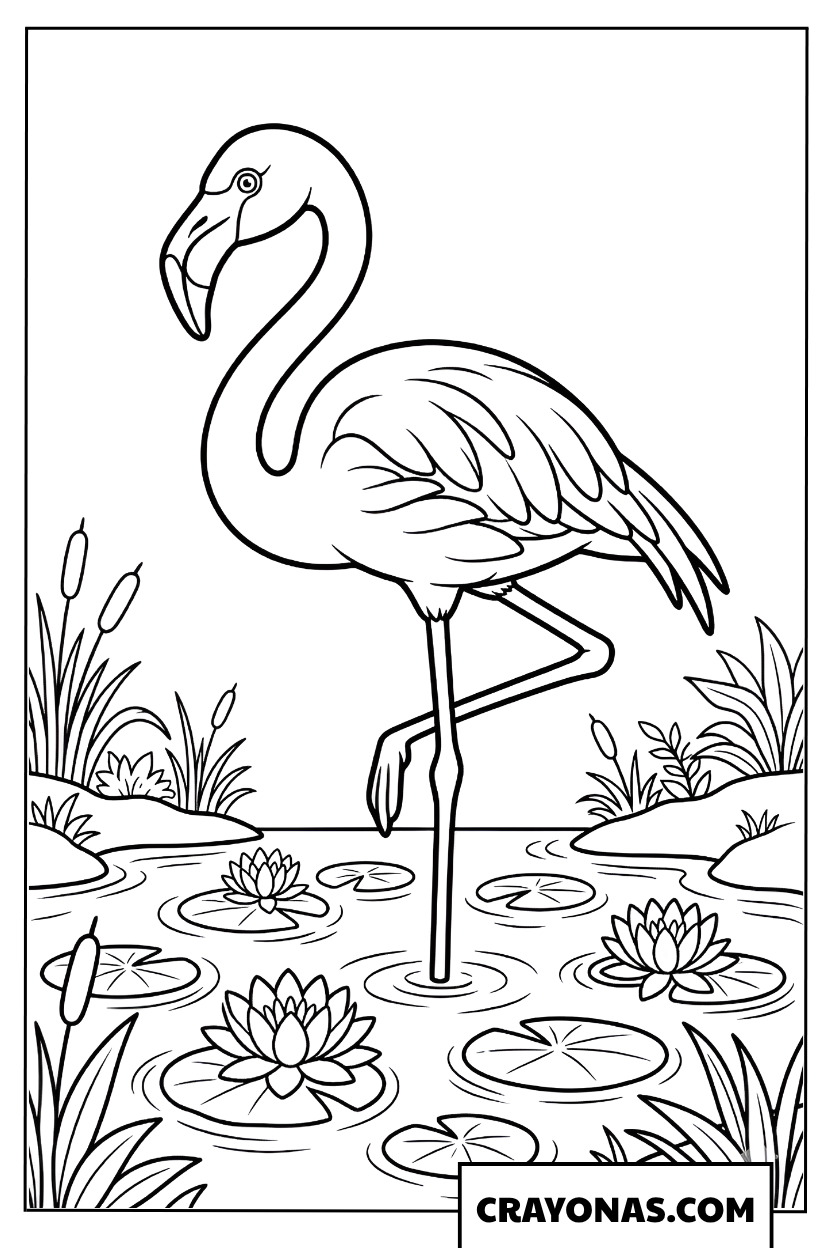 Flamingo in the Lotus Pond Coloring Page