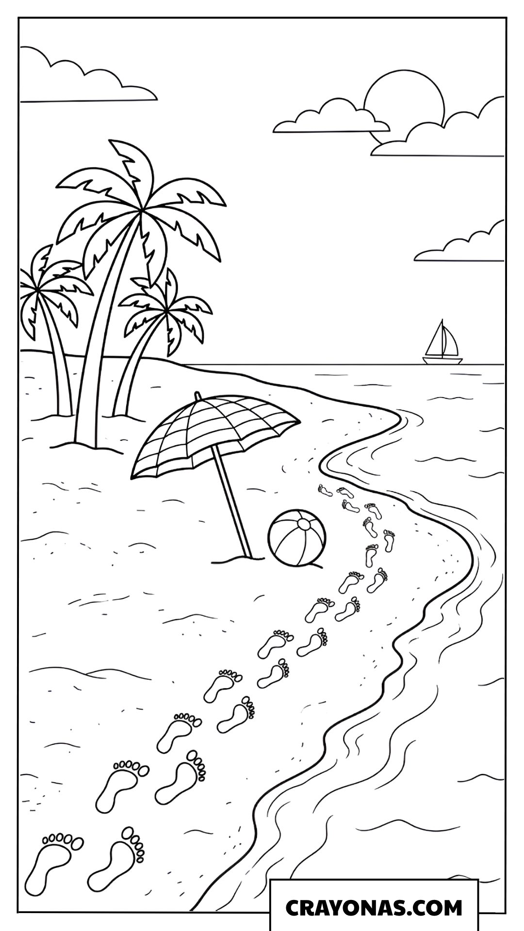 Footprints on Sand and Palm Trees Coloring Page