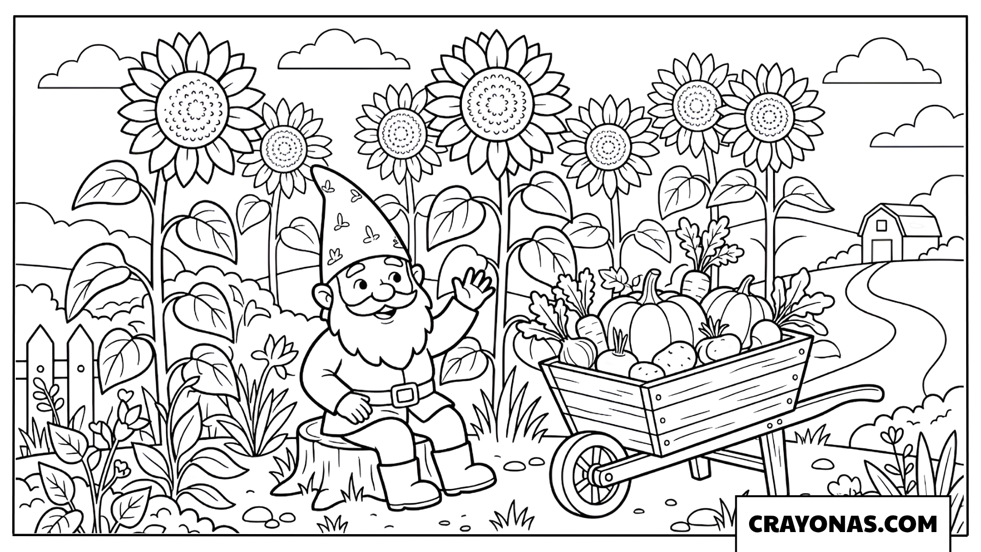 Garden Gnome and Pumpkin Wheelbarrow Coloring Page