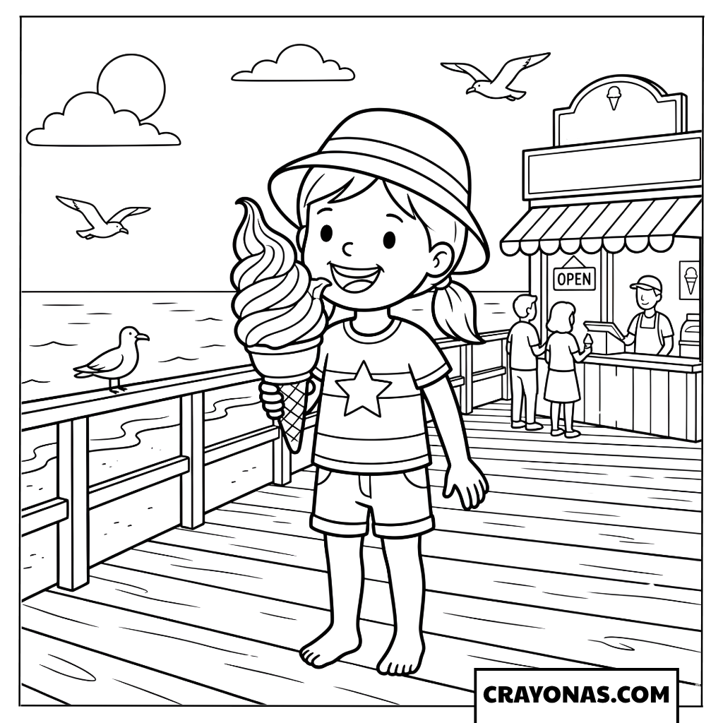 Girl Eating Ice Cream on Pier Coloring Page