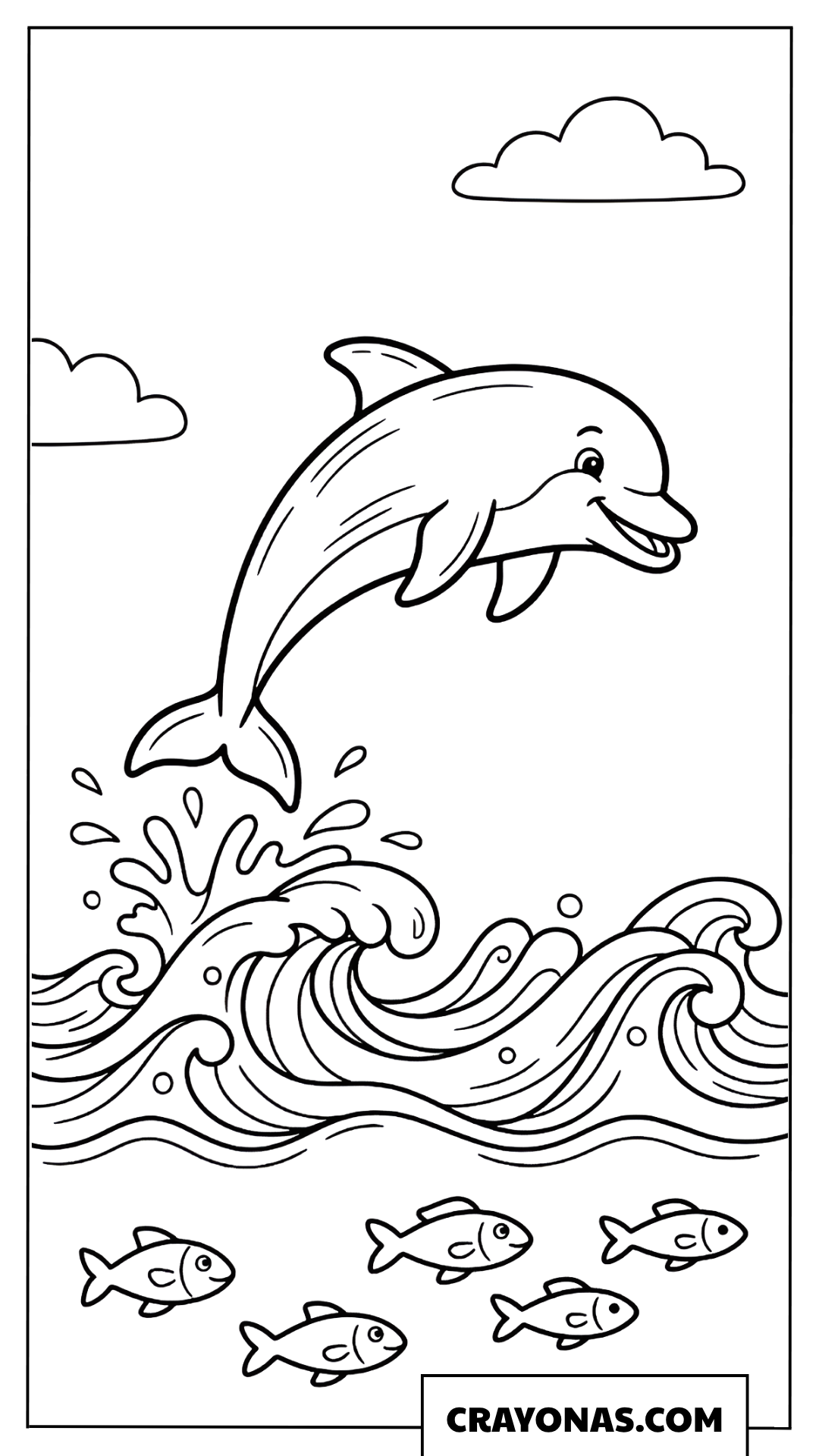 Happy Dolphin Jumping in Waves Coloring Page