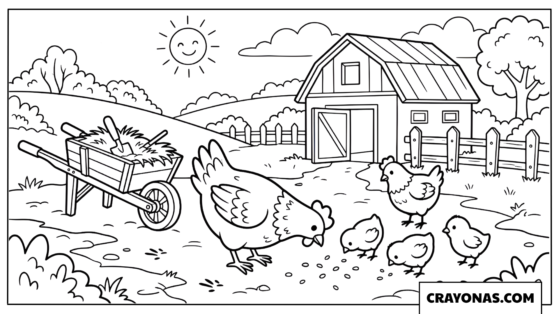 Hen and Chicks at the Farm Coloring Page