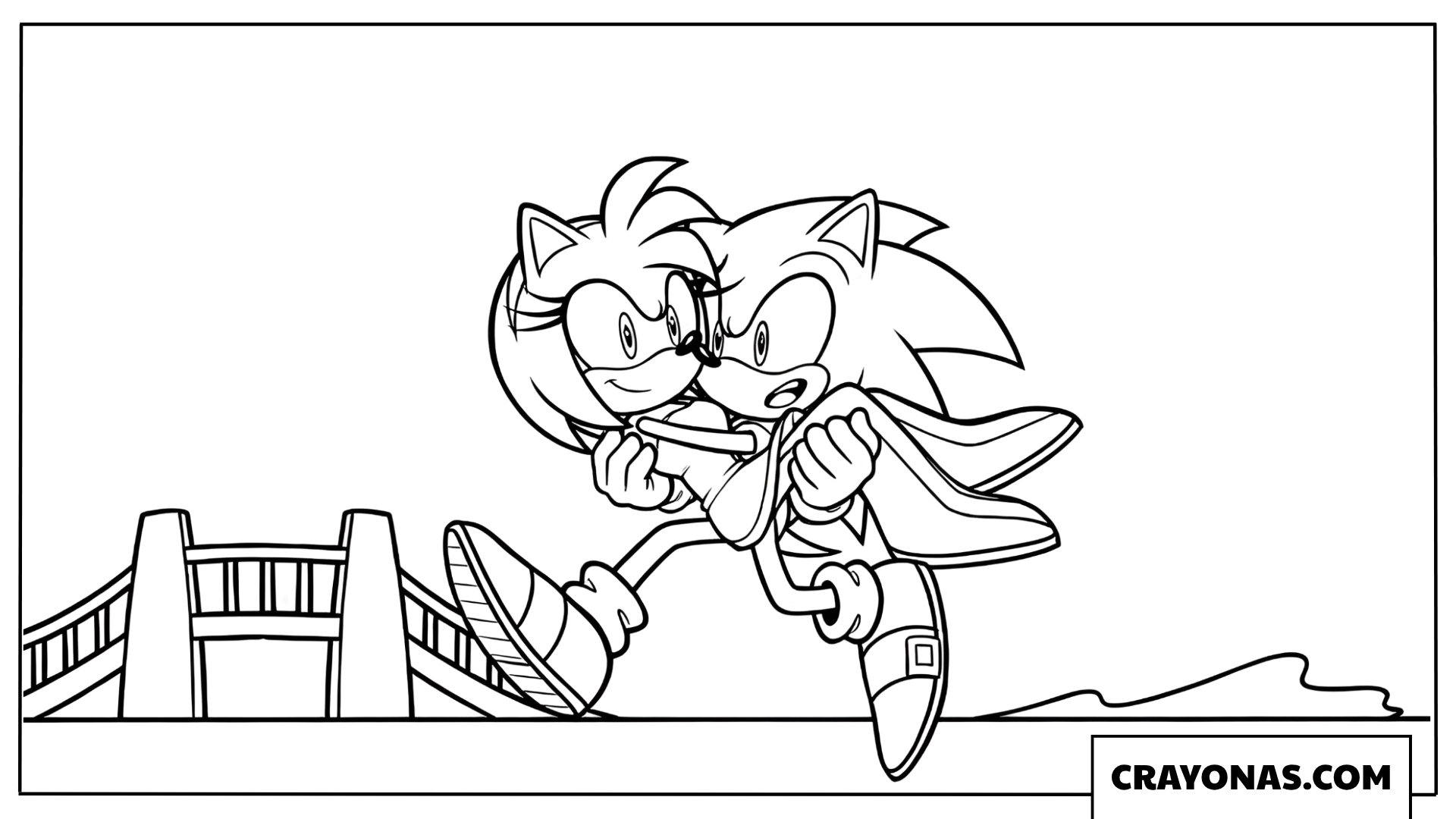 Heroic Sonic Carrying Amy Across a Bridge Coloring Page