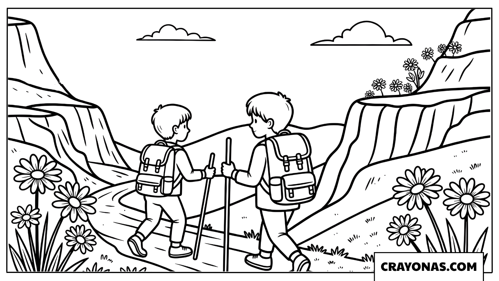 Kids Hiking in the Mountains Coloring Page