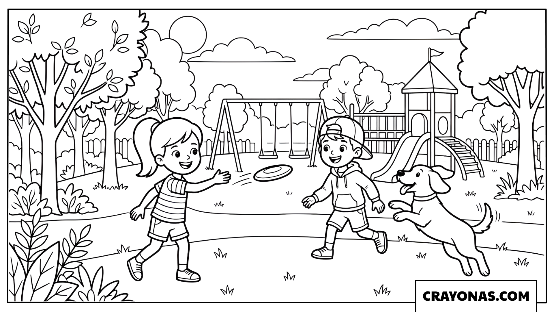 Kids and Dog Playing in Park Coloring Page