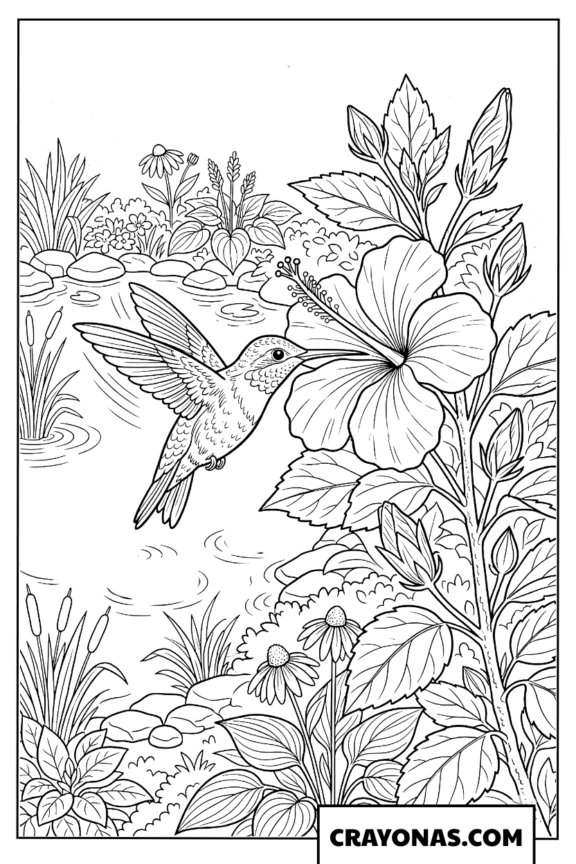 Kingfisher and Hibiscus Flower Coloring Page