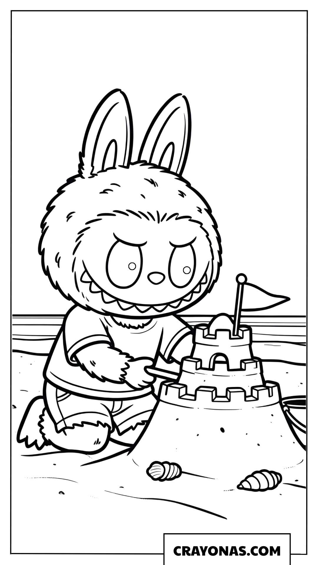 Labubu Building a Sandcastle Coloring Page