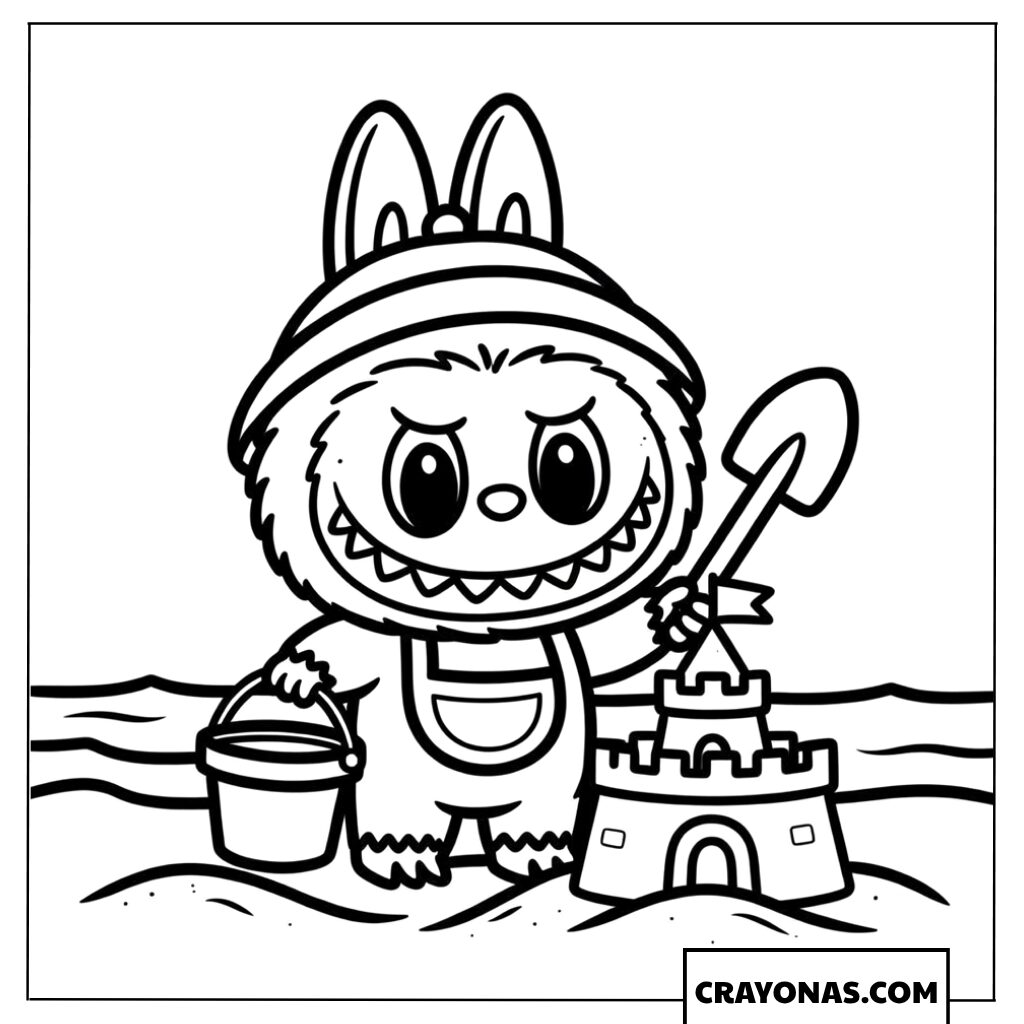 Labubu Building a Sandcastle on the Beach Coloring Page