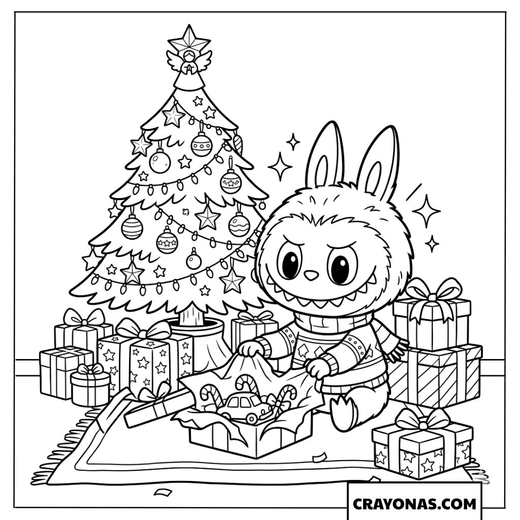 Labubu Excitedly Opening Gifts by the Christmas Tree Coloring Page