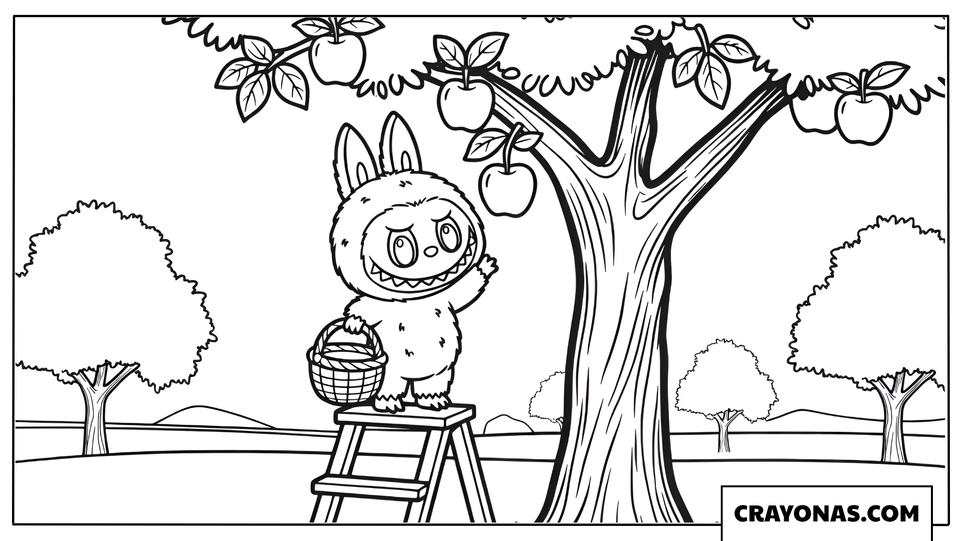 Labubu Harvesting Apples Coloring Page