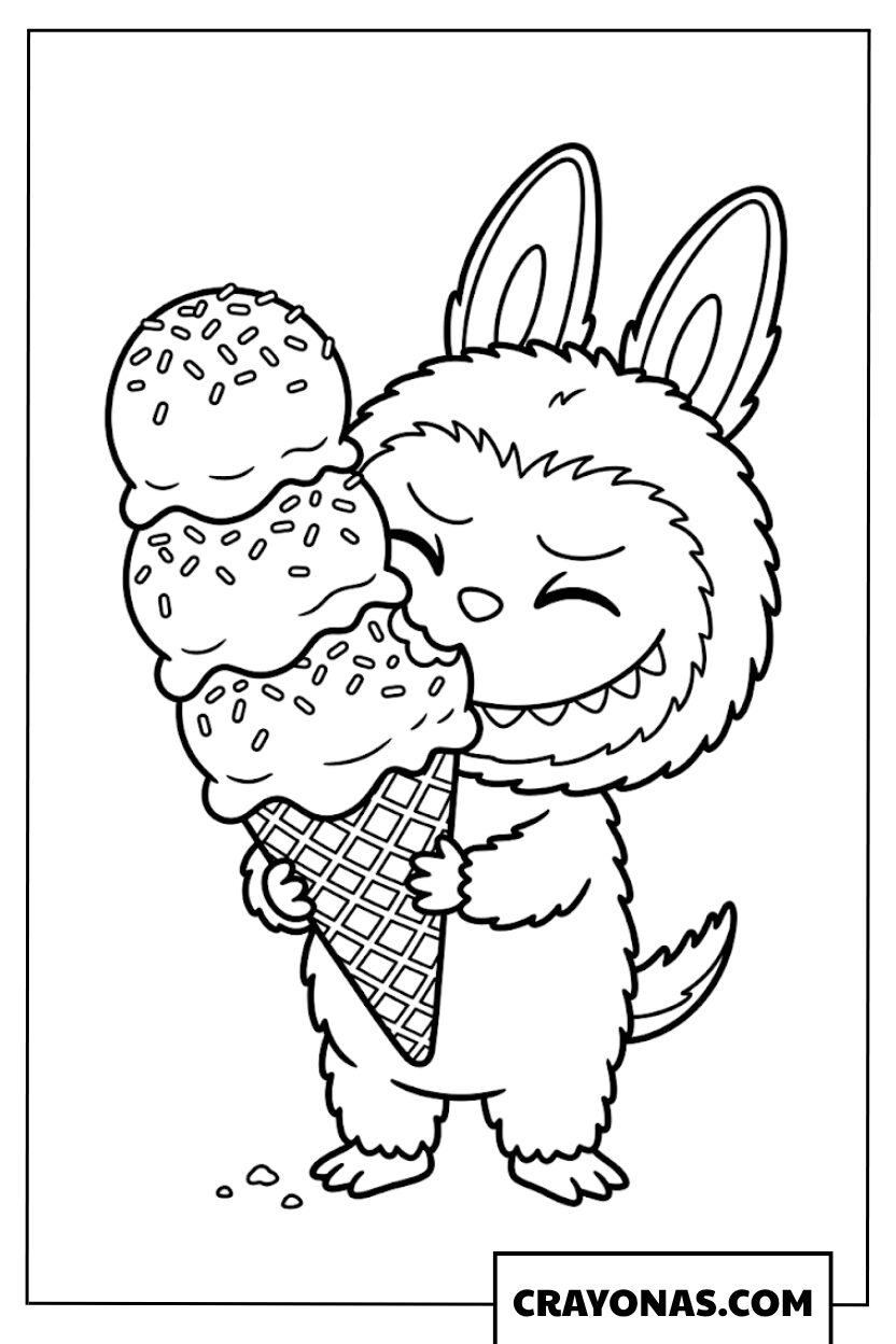Labubu Holding a Giant Ice Cream Cone Coloring Page