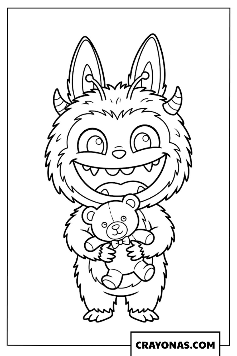 Labubu Hugging a Cute Teddy Bear Coloring Page