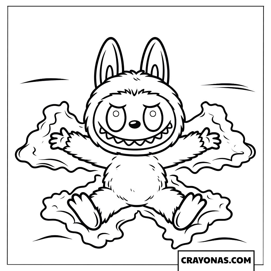 Labubu Making a Snow Angel Coloring Page