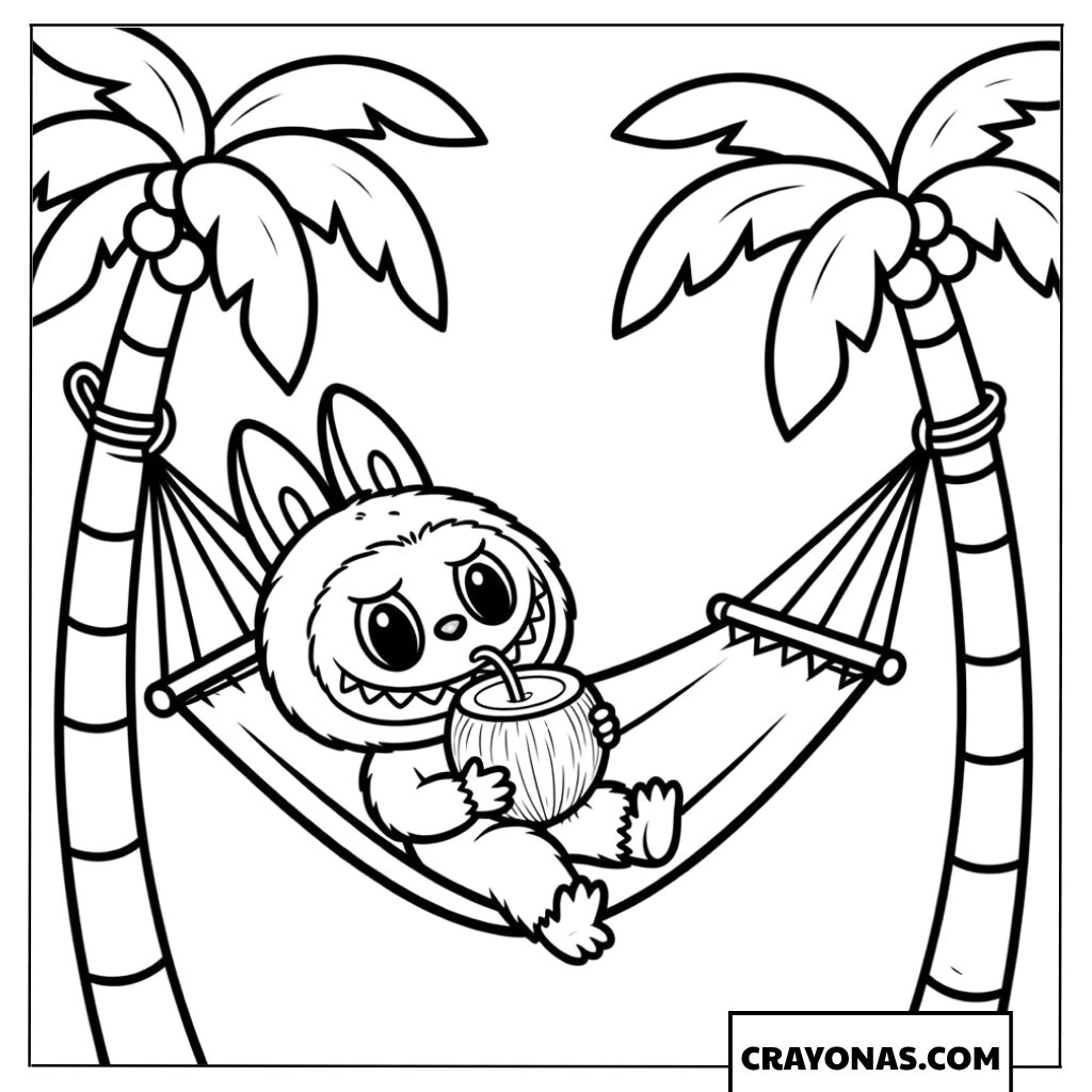 Labubu Relaxing on a Hammock Under Palm Trees Coloring Page