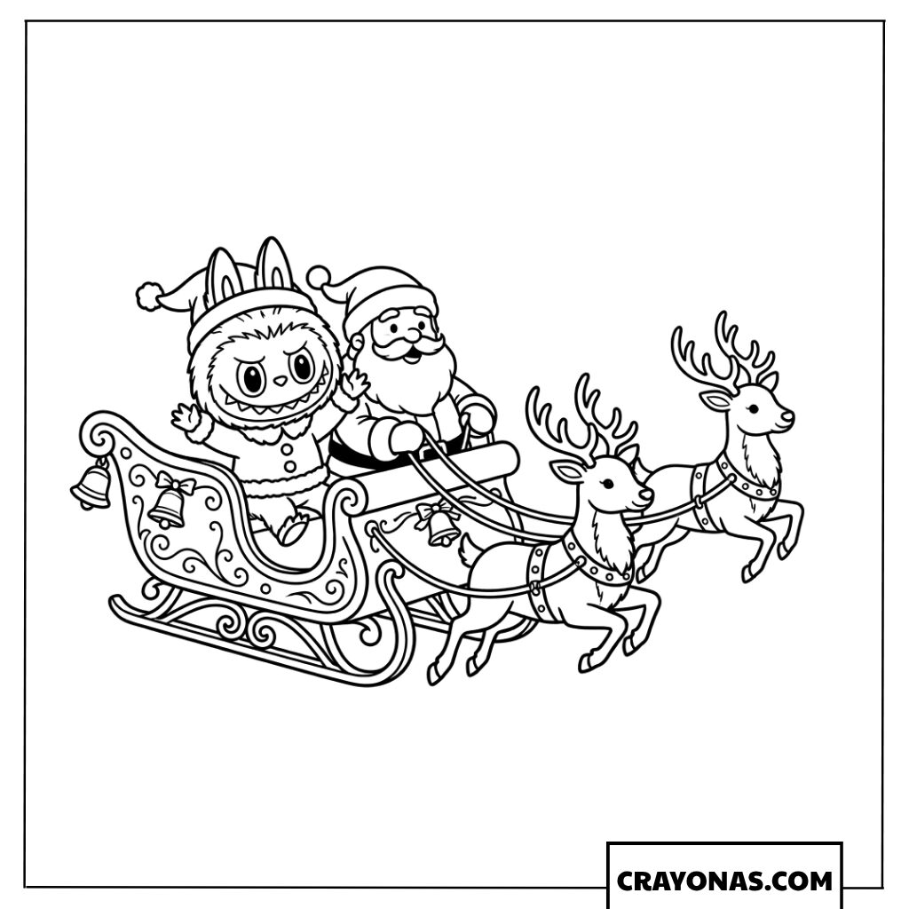 Labubu Riding a Reindeer Sleigh with Santa Claus Coloring Page