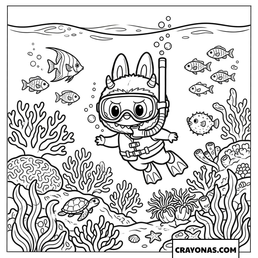 Labubu Scuba Diving to See Corals and Fish Coloring Page