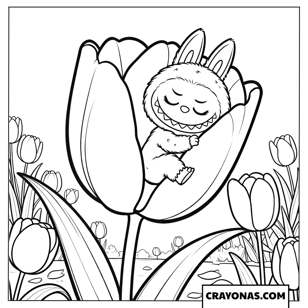 Labubu Sleeping in a Tulip Coloring Page