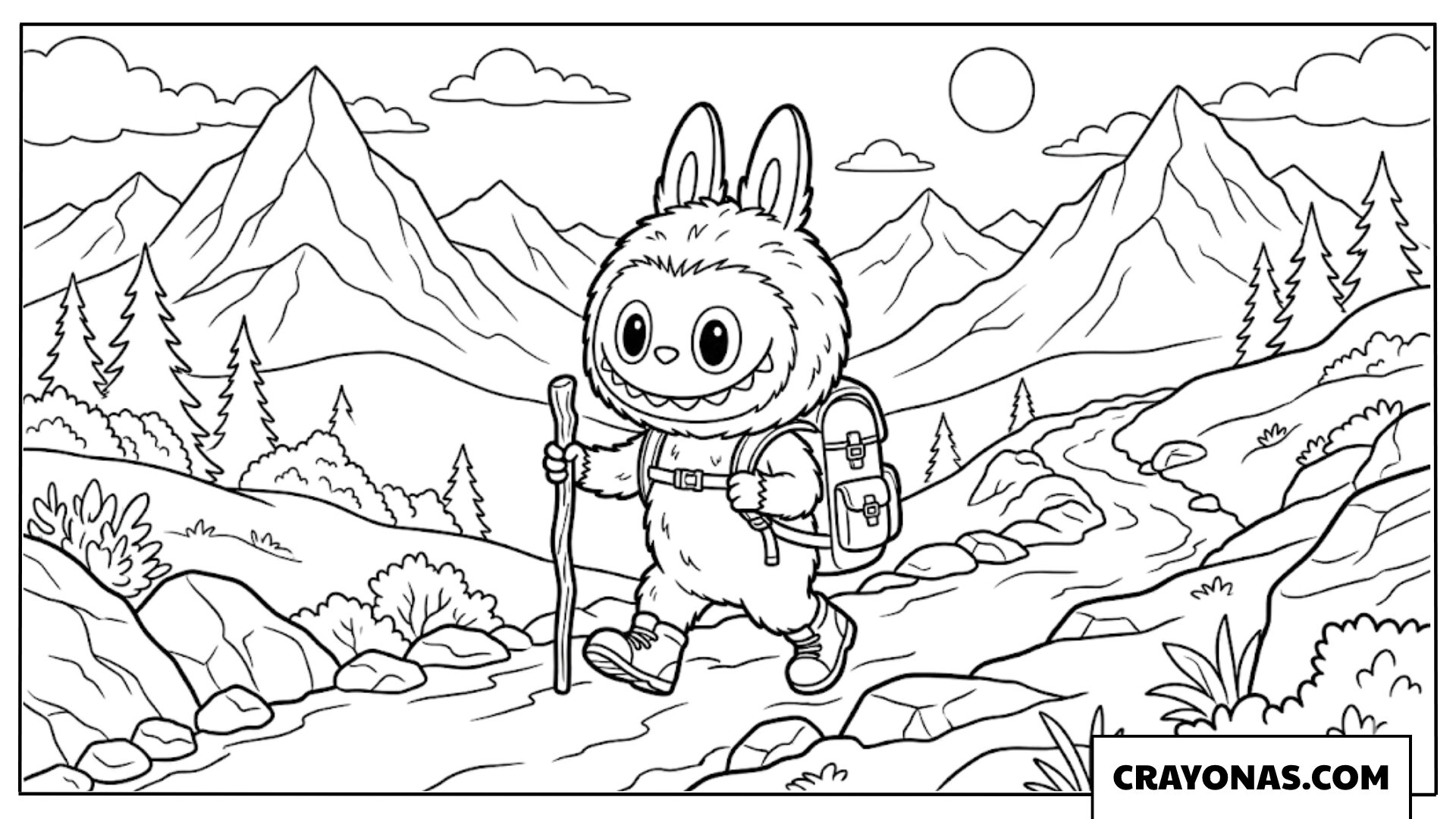 Labubu Trekking and Exploring the Mountains Coloring Page