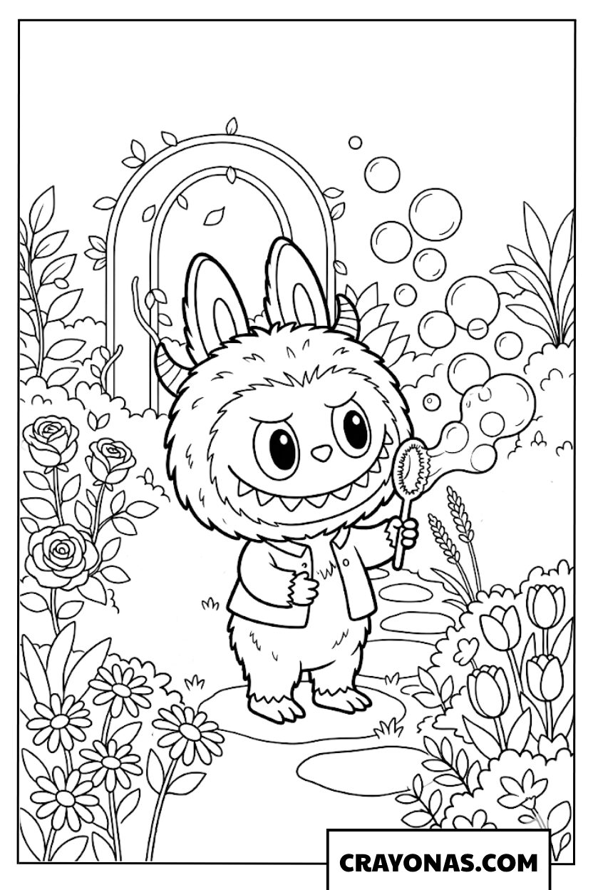 Labubu Walking in a Flower Garden with Butterflies Coloring Page