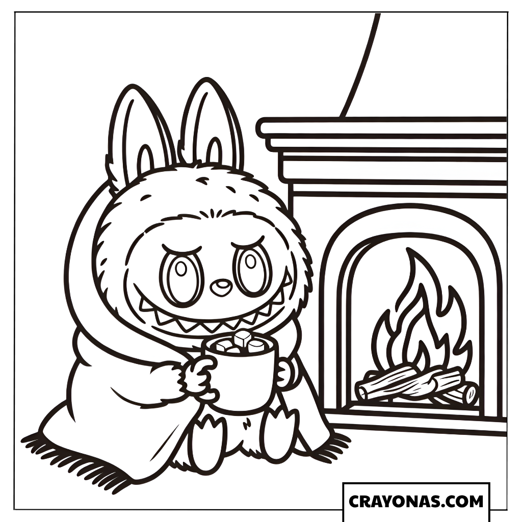 Labubu Warming by the Fireplace Coloring Page