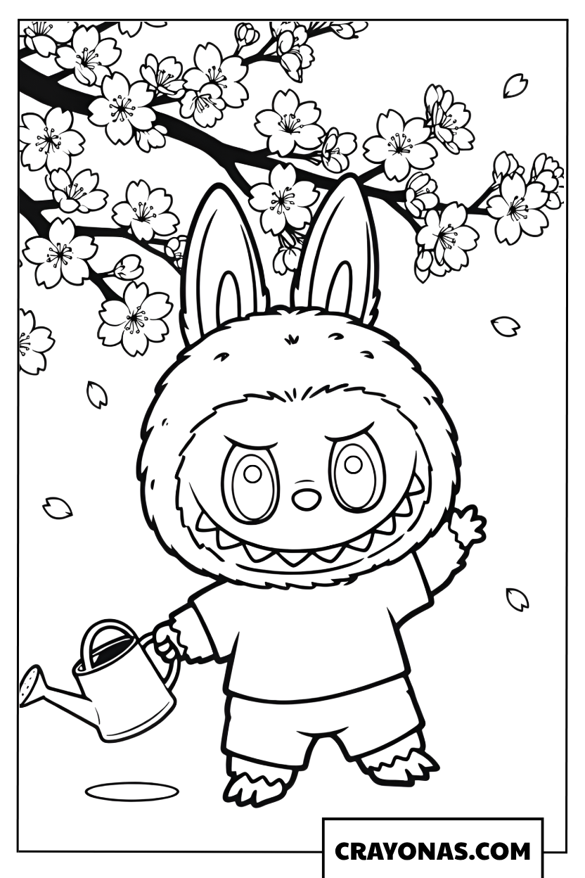 Labubu Watering Cherry Blossoms Coloring Page