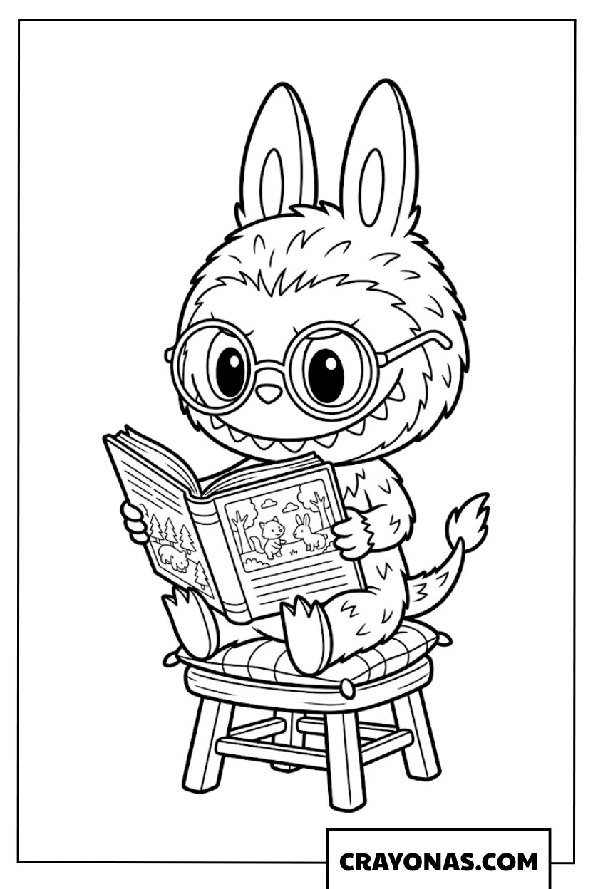Labubu Wearing Glasses and Reading a Book Coloring Page