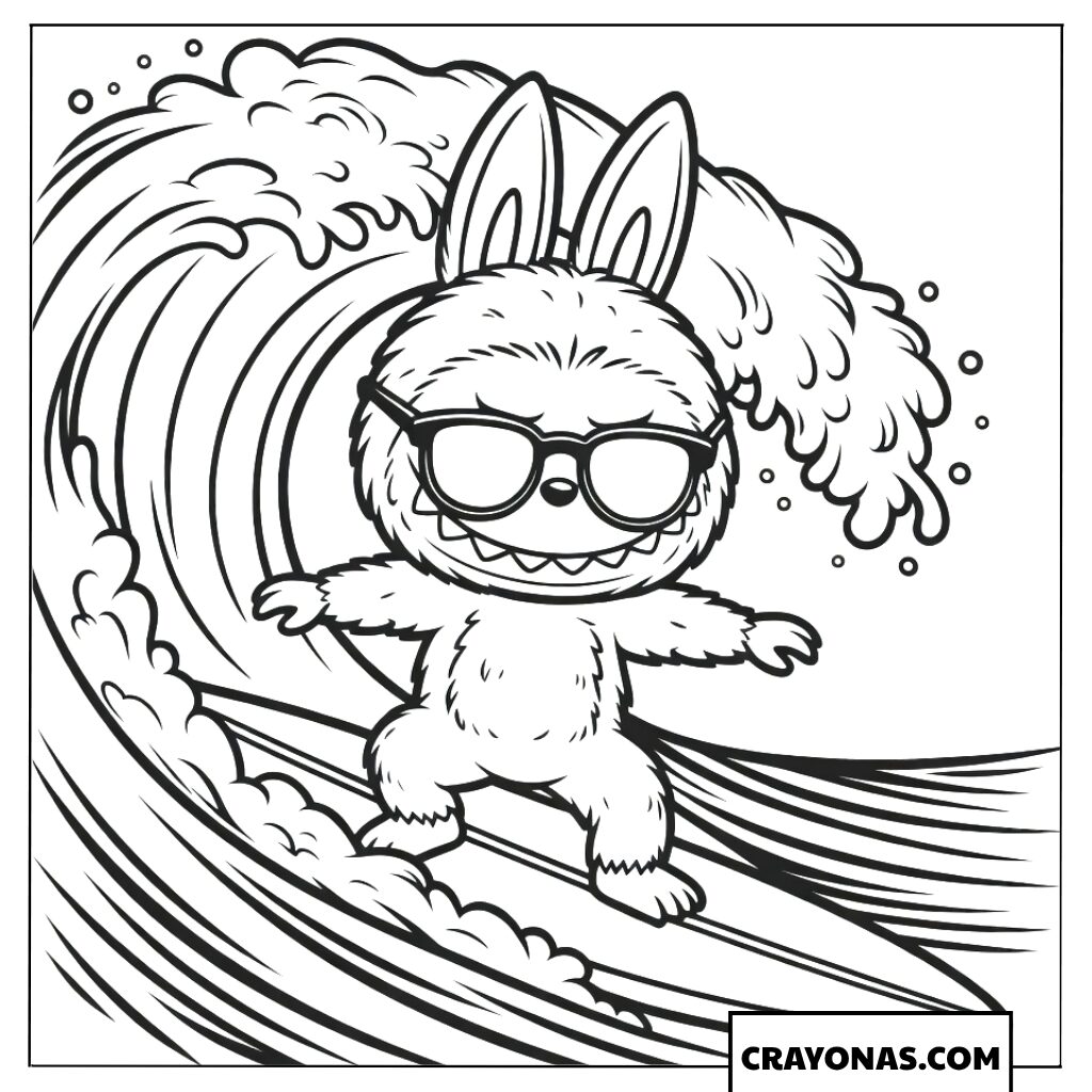 Labubu Wearing Sunglasses Surfing the Waves Coloring Page