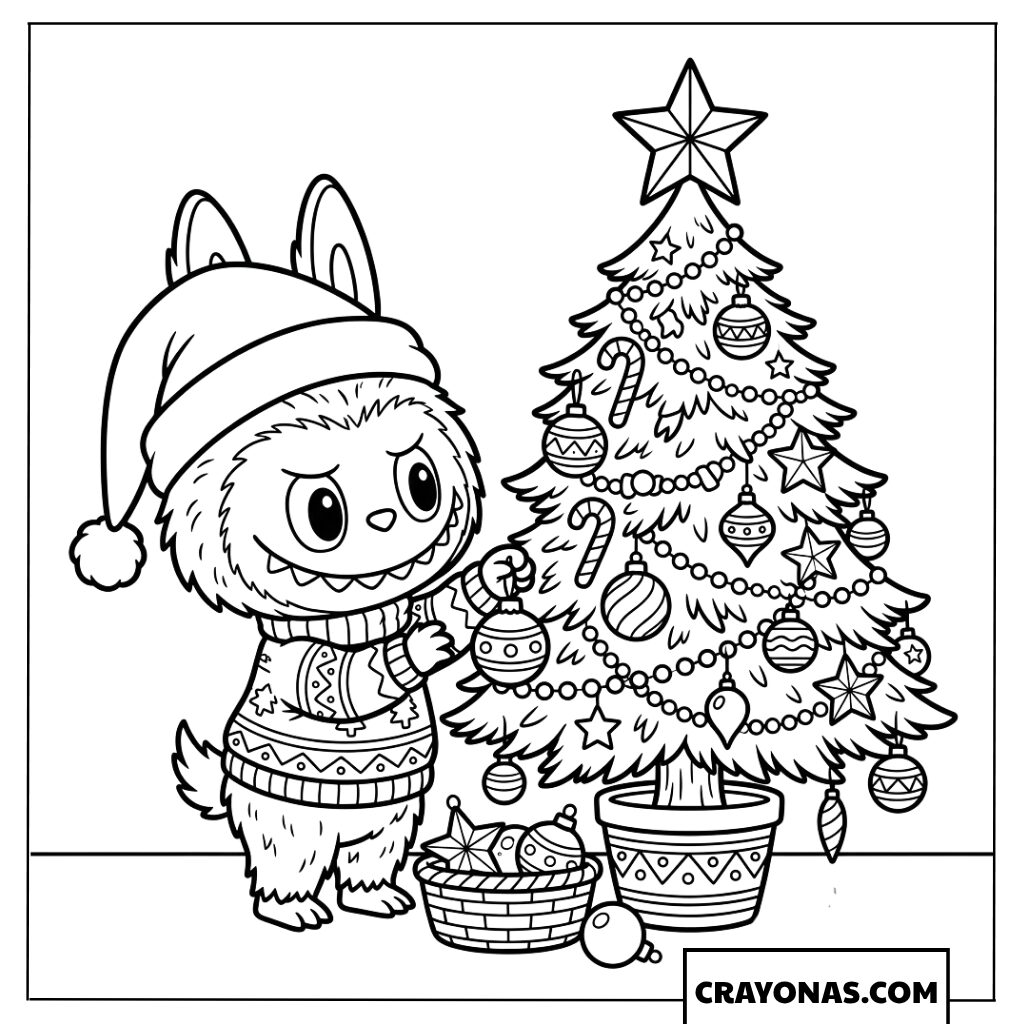 Labubu Wearing a Santa Hat Decorating a Christmas Tree Coloring Page