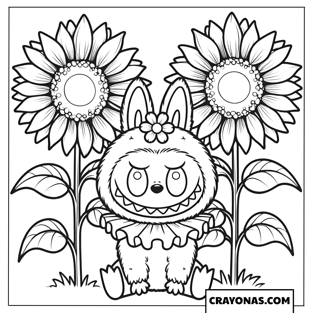 Labubu and Sunflowers Coloring Page