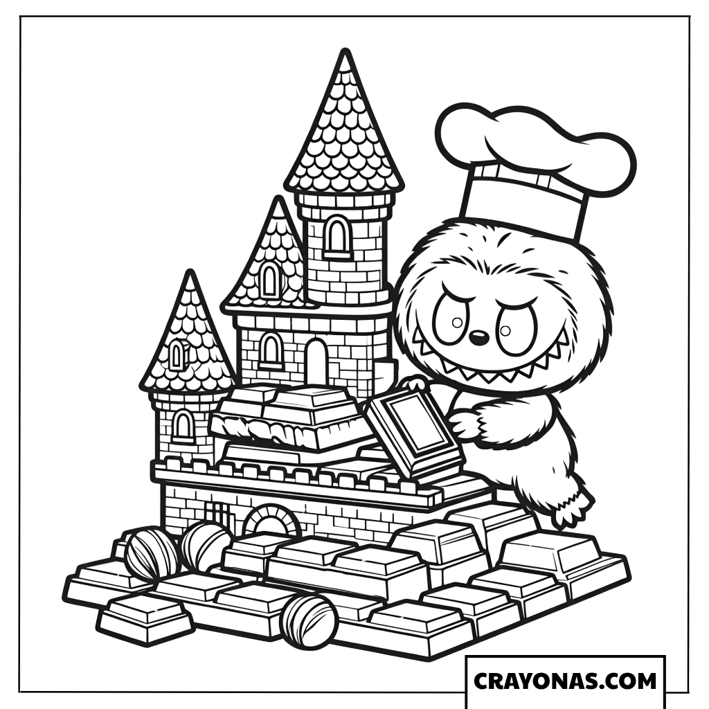 Labubu and the chocolate castle coloring page