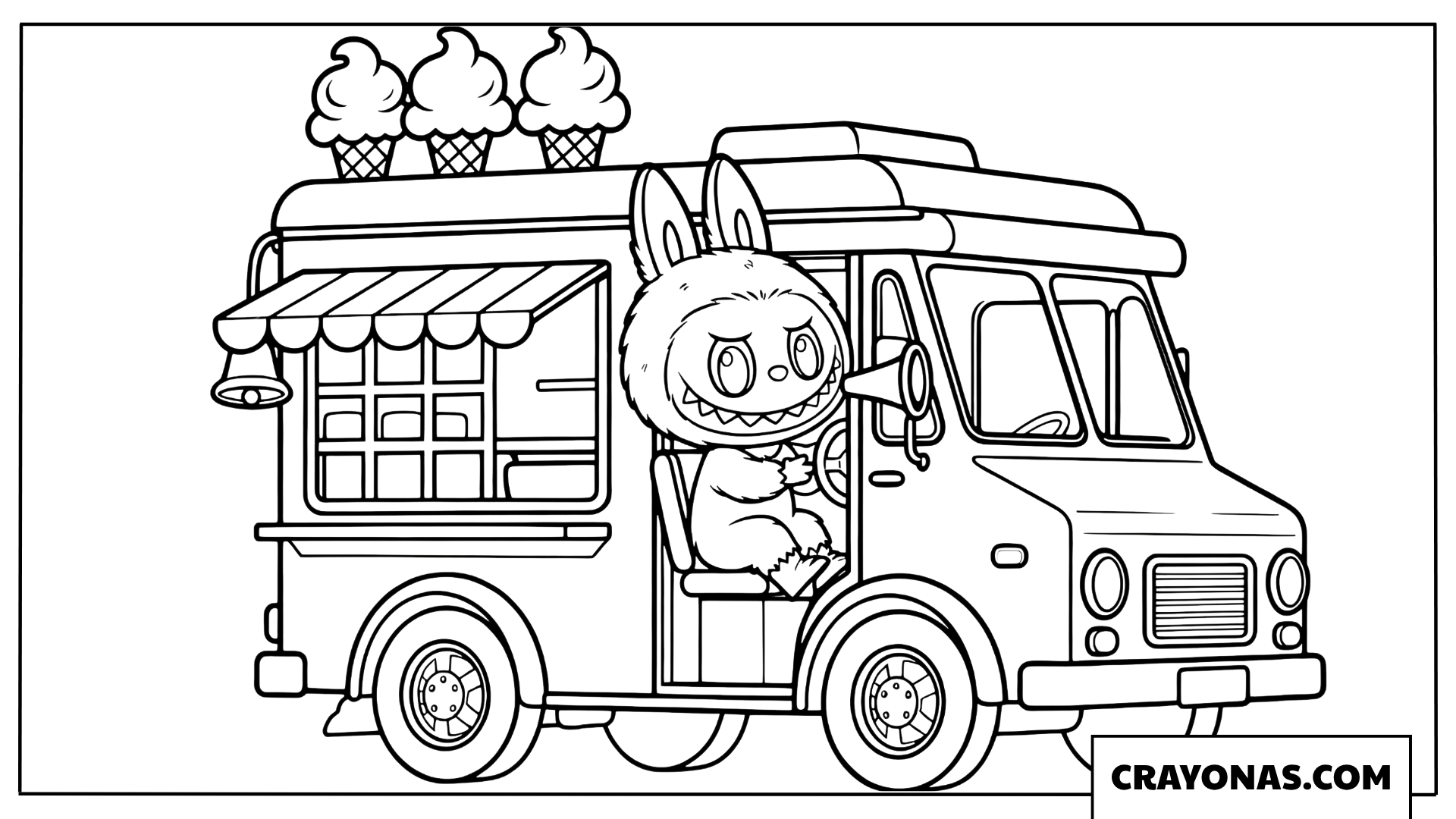 Labubu and the ice cream truck coloring page