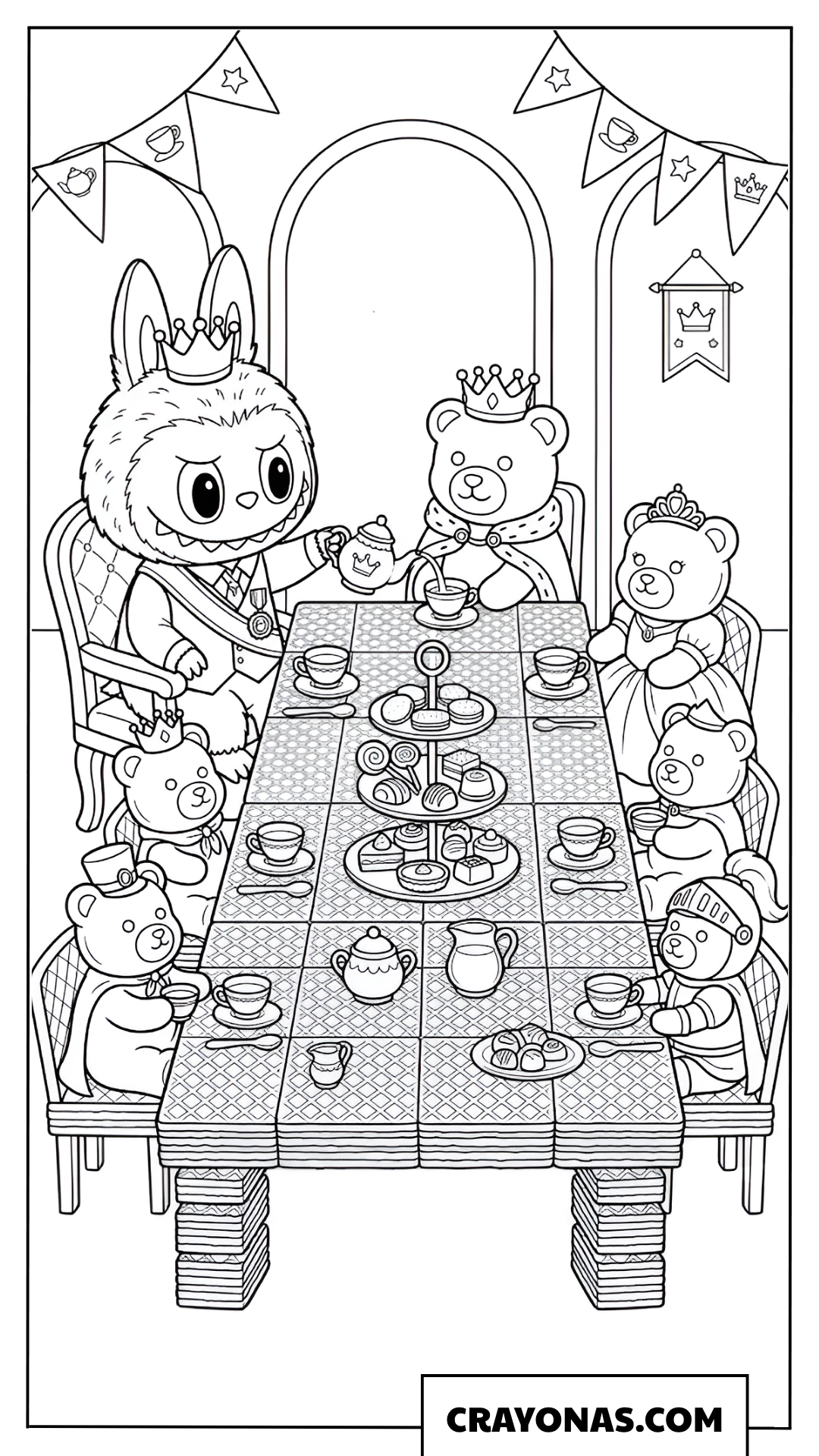 Labubu at a tea party in the Gummy Bear Kingdom coloring page