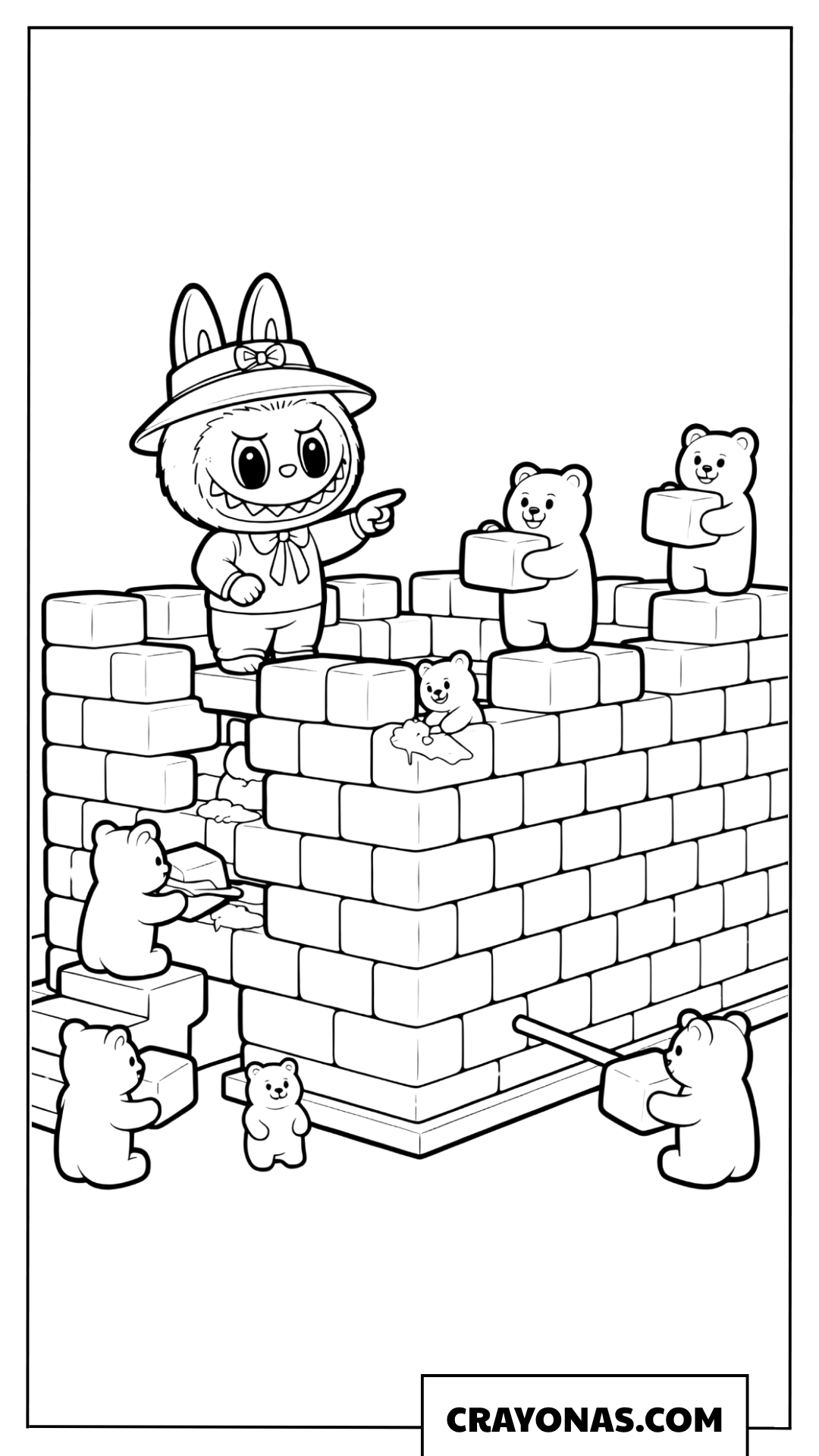 Labubu building a gummy bear fortress wall coloring page