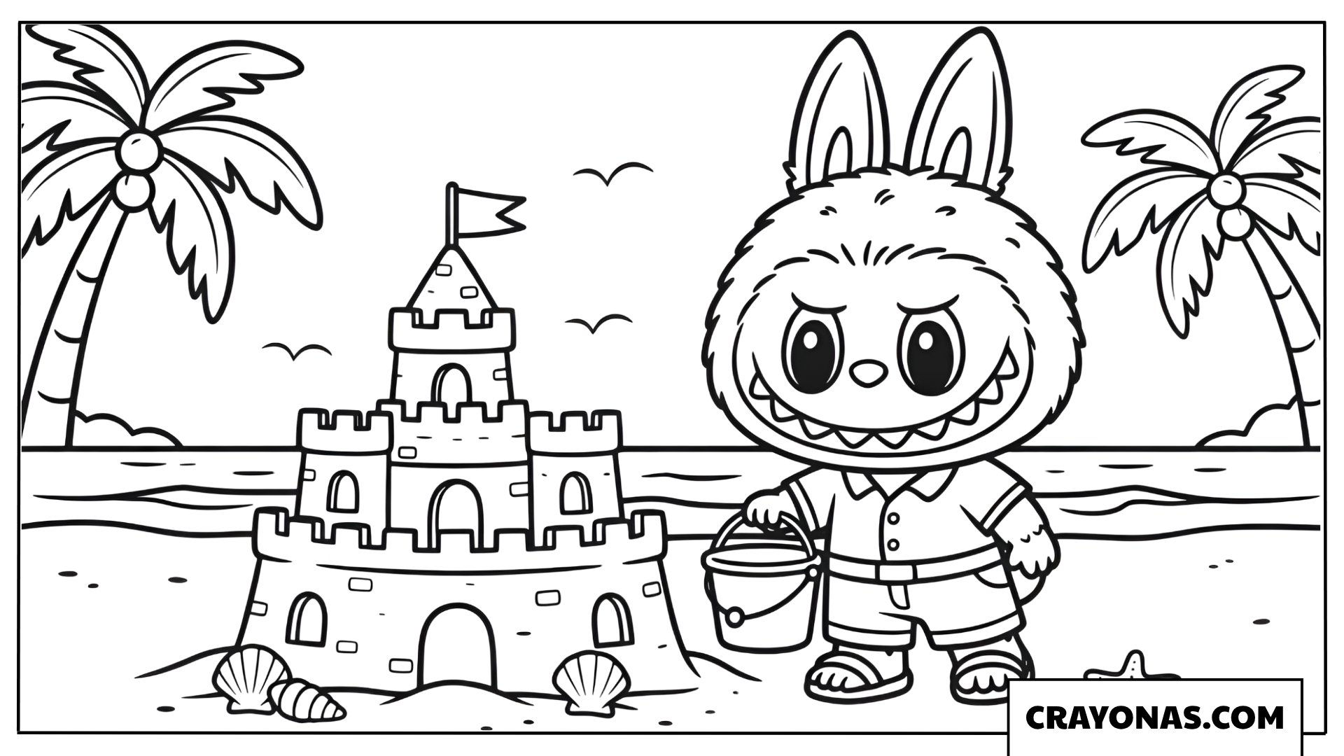 Labubu building sandcastles in summer coloring page