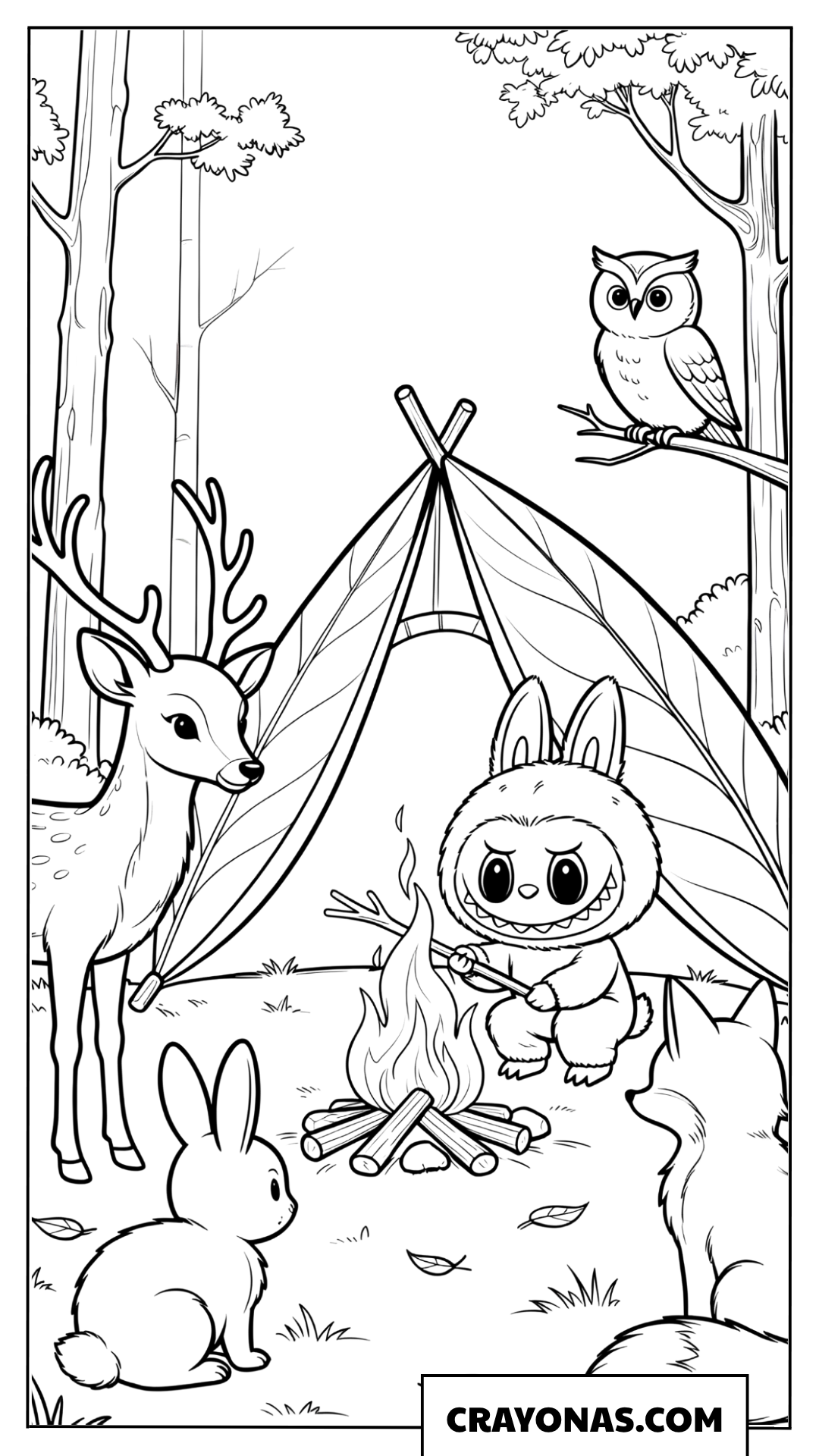 Labubu camping under the starlight coloring page