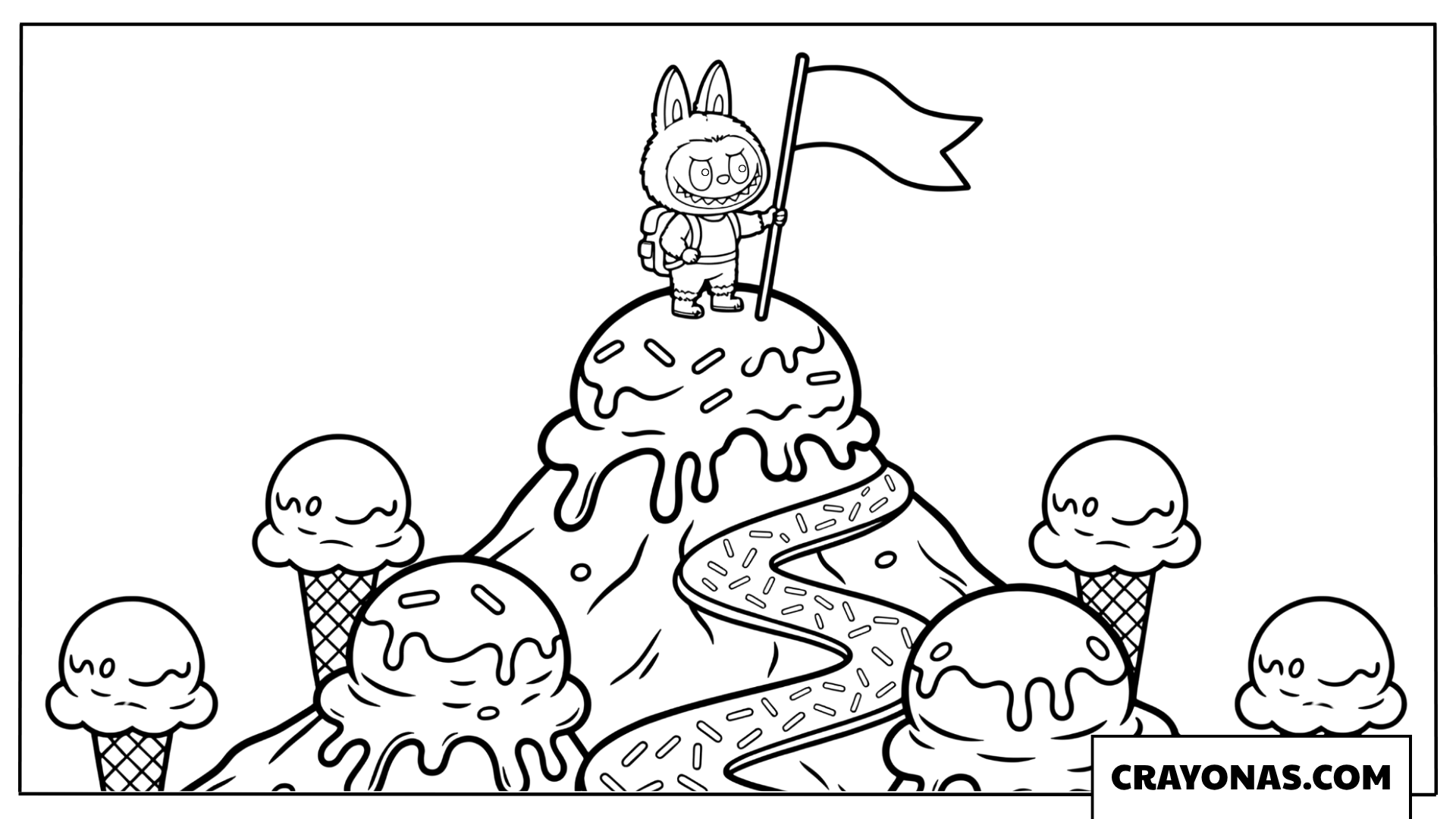 Labubu conquering the ice cream mountain coloring page