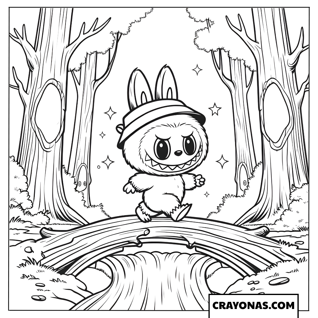 Labubu crossing a wooden forest bridge coloring page