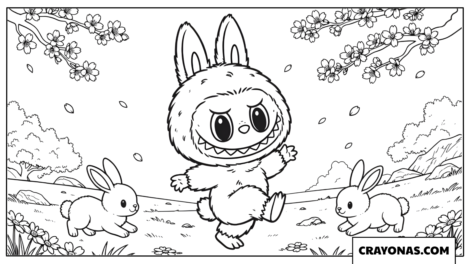 Labubu enjoying a spring flower field coloring page