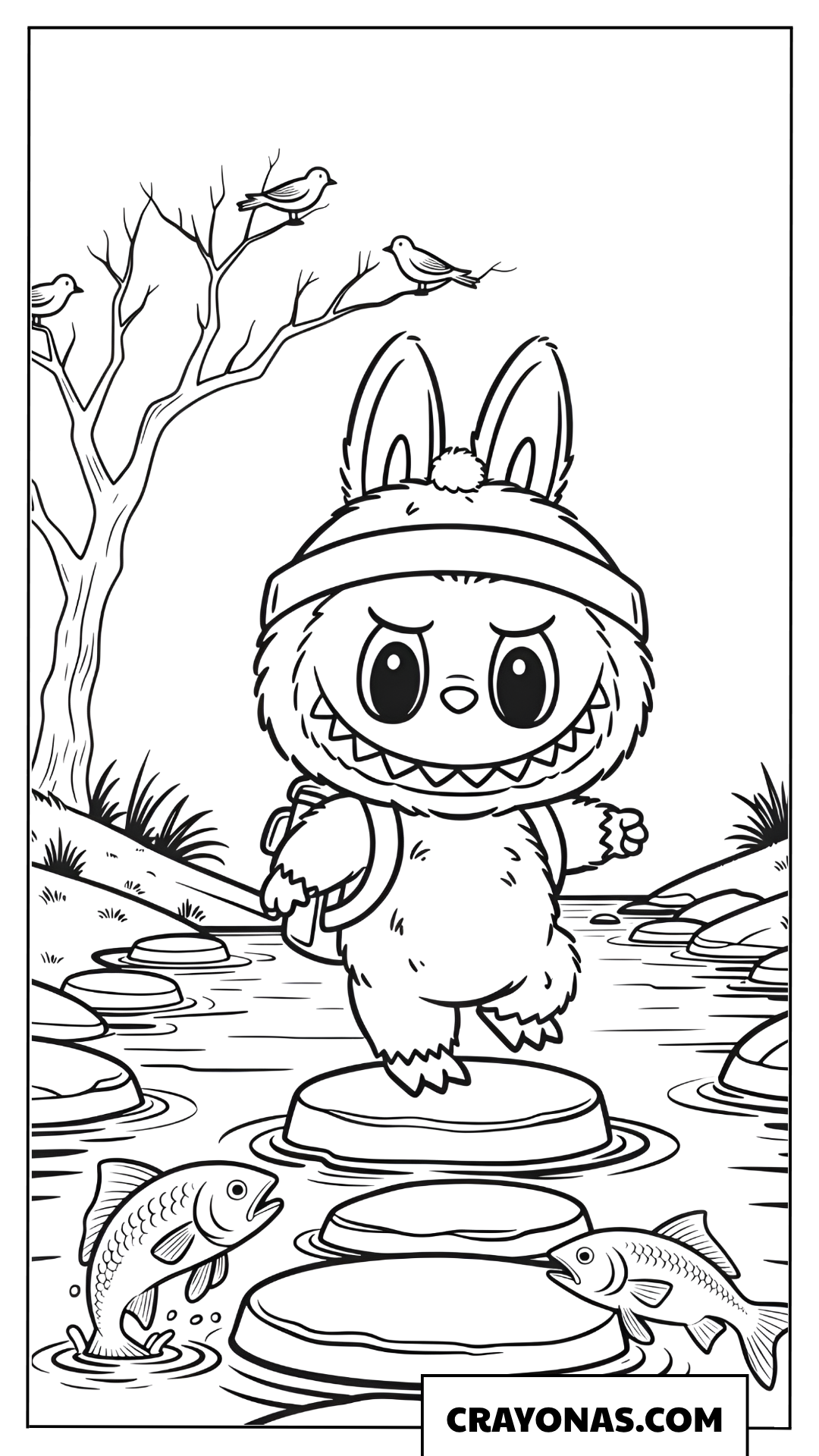 Labubu fishing by the rocky stream coloring page