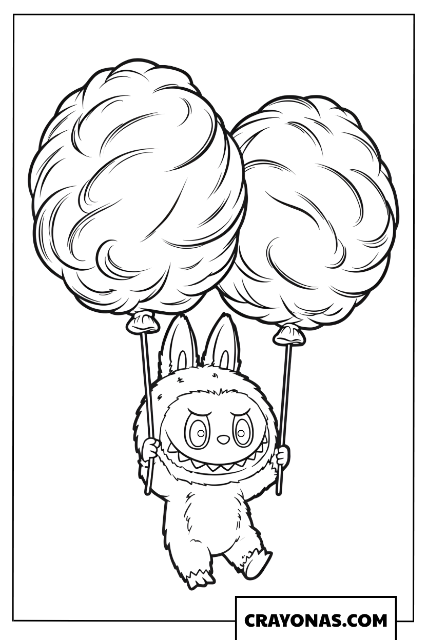 Labubu flying with cotton candy balloons coloring page