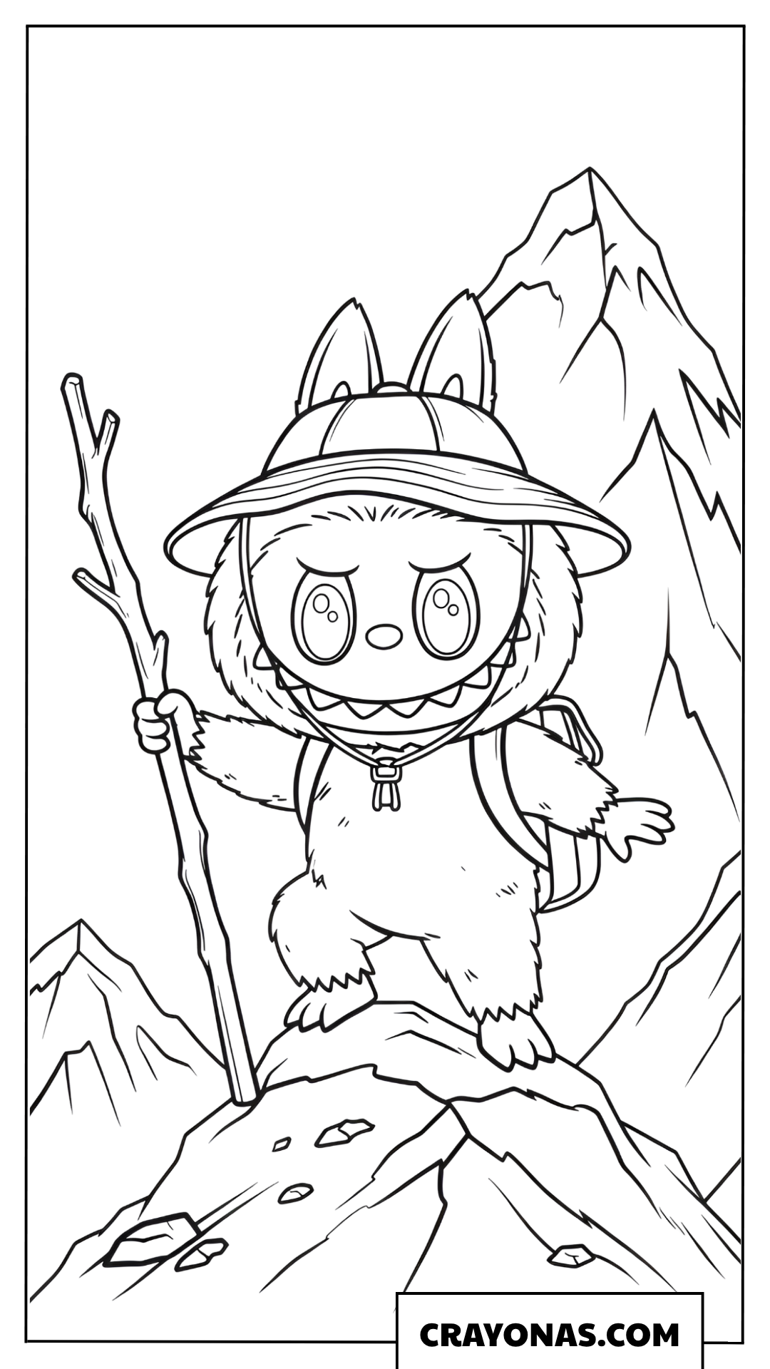 Labubu hiking in the high mountains coloring page
