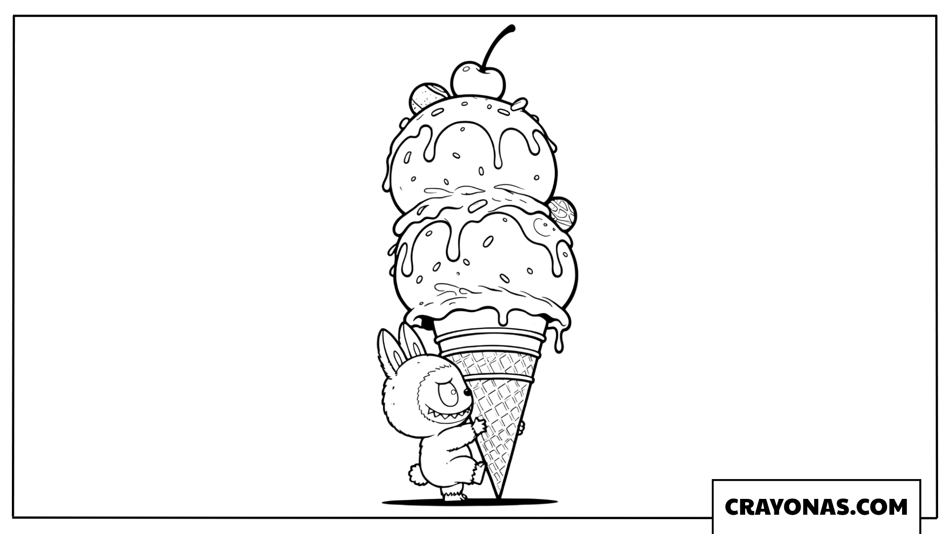 Labubu hugging a double-scoop ice cream cone coloring page