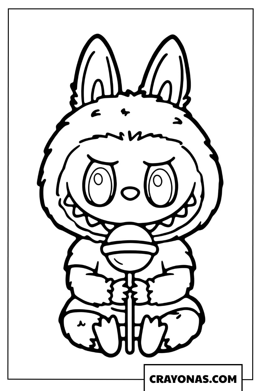 Labubu hugging a giant lollipop coloring page