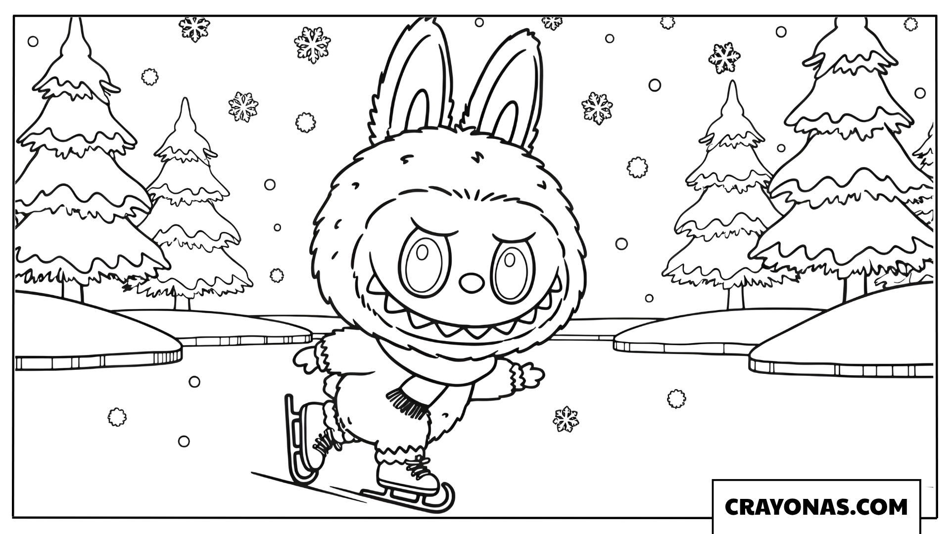 Labubu ice skating in winter coloring page