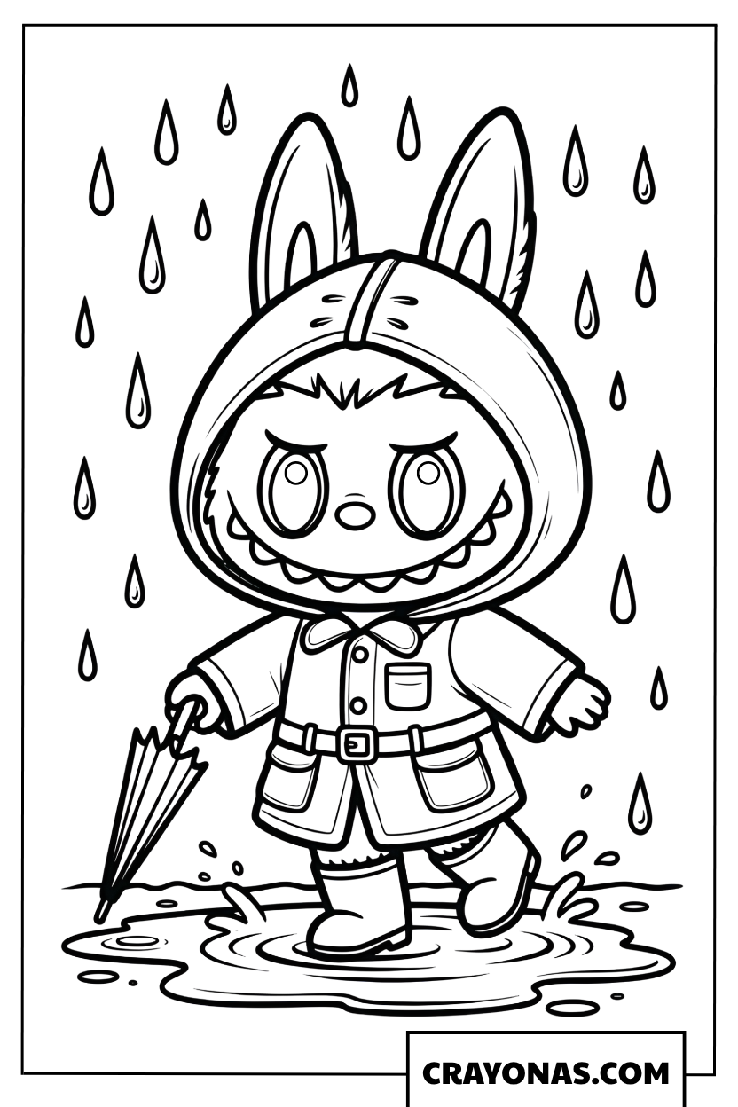 Labubu in the Spring Rain Coloring Page