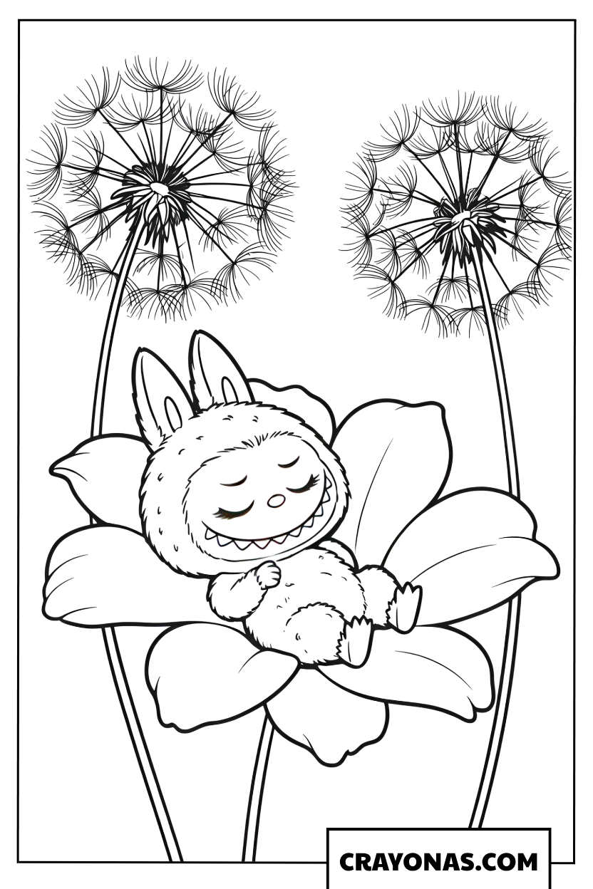 Labubu napping on a dandelion coloring page